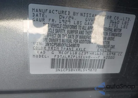 2024 Nissan Kicks S Xtronic Cvt from USA, damaged, VIN 3N1CP5BVXRL549870